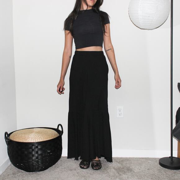 raquel allegra black high waisted minimalist frayed hem maxi skirt with pockets - Picture 1 of 10